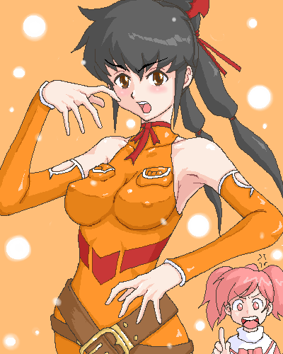 acid (acid-field), acid (artist), hayakawa ai, lisa pacifist, final fantasy, final fantasy unlimited, uniform, bad id, bad pixiv id, lowres, 00s, 2girls, :o, bare shoulders, belt, blush, breasts, buckle, covered erect nipples, detached sleeves, index finger raised, long sleeves, looking at viewer, medium breasts, multiple girls, open mouth, pink eyes, pink hair, twintails