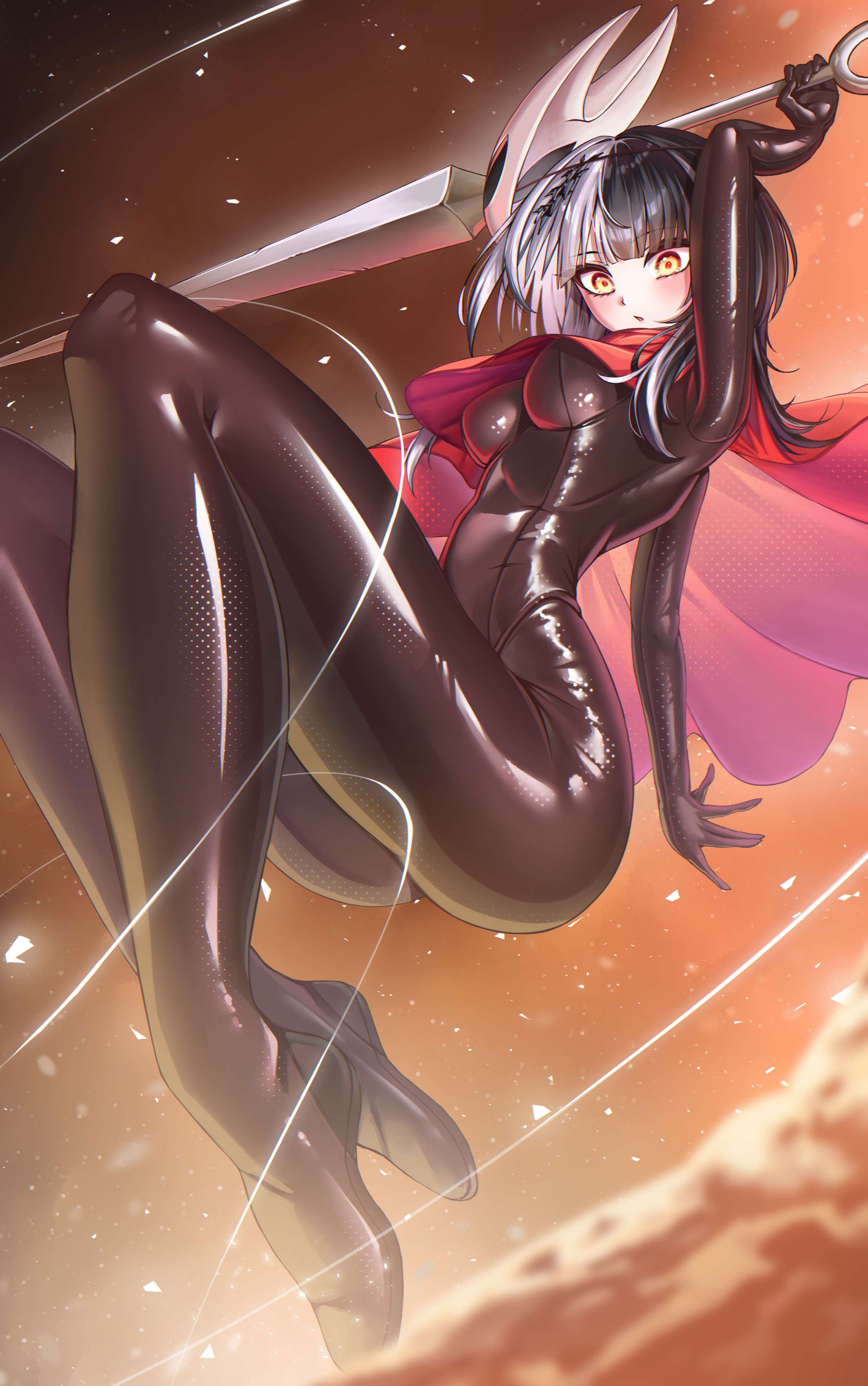 mack (13mcqn), hornet (hollow knight), shiori novella, hollow knight, hollow knight: silksong, hololive, hololive english, black bodystocking, absurdres, commentary, highres, 1girl, black hair, blush, breasts, cloak, cosplay, holding, holding weapon, hornet (hollow knight) (cosplay), large breasts, looking at viewer, medium hair, multicolored hair, open mouth, red cloak, solo, split-color hair, virtual youtuber, weapon, white hair, wide-eyed, yellow eyes