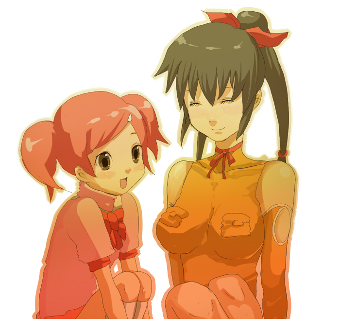 goma, gomoma (bluehighlow), hayakawa ai, lisa pacifist, final fantasy, final fantasy unlimited, bad id, bad pixiv id, 00s, 2girls, bow, breasts, female focus, multiple girls, pink hair, ponytail, short twintails, twintails, white background