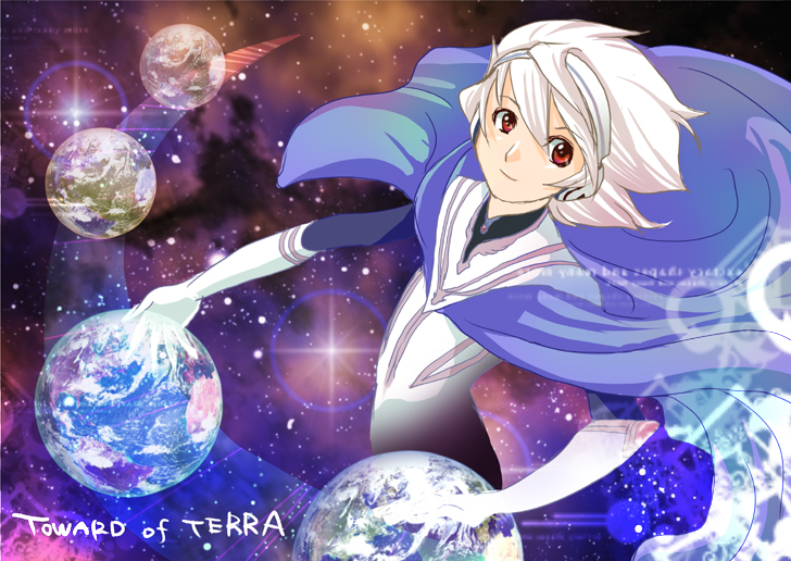 sunameri, soldier blue, toward the terra, 1boy, albino, cape, earth (planet), gloves, male focus, red eyes, smile, solo, space, star (symbol), white hair
