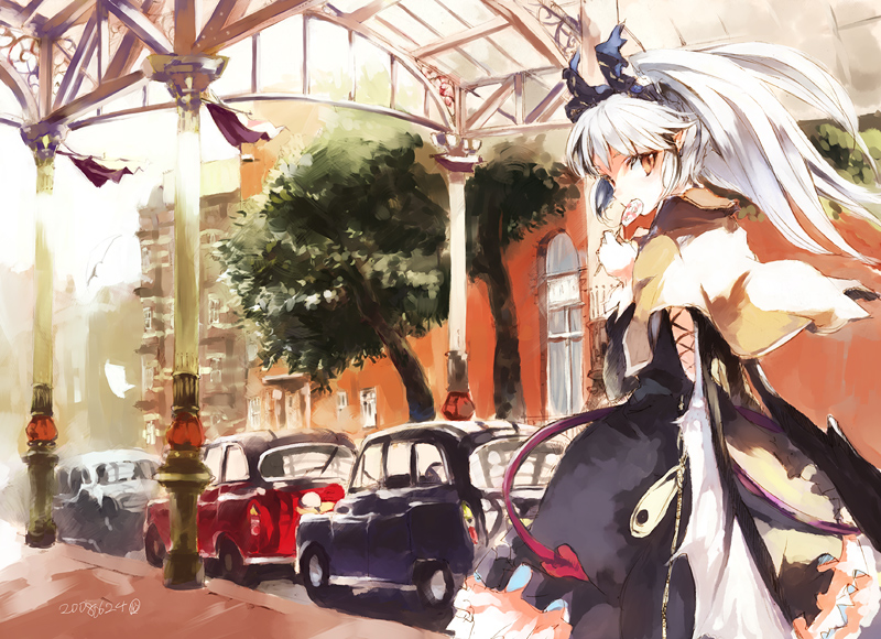 shunsei (muratou), 1girl, car, eating, female focus, food, long hair, looking back, motor vehicle, pillar, road, solo, street, vanishing point, white hair, yellow eyes