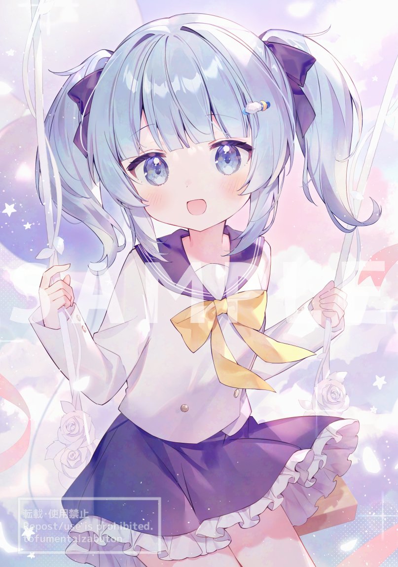toufu mentaru zabuton, original, commentary, symbol-only commentary, 1girl, :d, blue bow, blue eyes, blue hair, blue sailor collar, blue skirt, bow, bowtie, breasts, cloud hair ornament, frilled skirt, frills, hair bow, long sleeves, medium hair, on swing, open mouth, sailor collar, sample watermark, school uniform, serafuku, shirt, sitting, skirt, small breasts, smile, solo, swing, twintails, watermark, white shirt, yellow bow, yellow bowtie