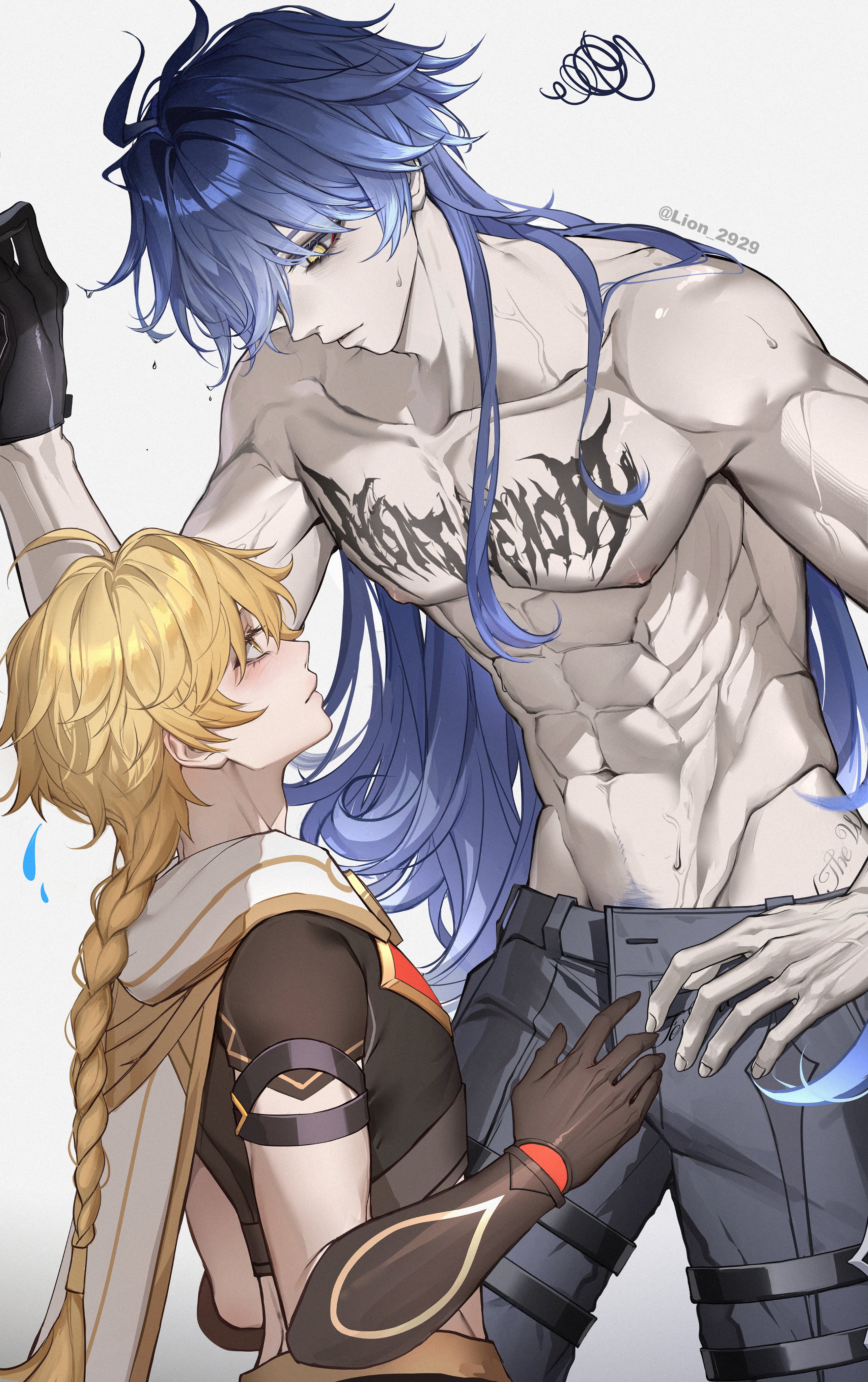 lion 2929, aether (genshin impact), flins (genshin impact), genshin impact, absurdres, commentary, highres, 2boys, abs, antenna hair, black gloves, black pants, blonde hair, blue hair, blush, braid, cape, chest tattoo, closed mouth, collarbone, elbow gloves, eye contact, flying sweatdrops, gloves, groin, leaning, leaning forward, long hair, looking at another, looking up, male focus, multiple boys, navel, nipples, pants, pectorals, short sleeves, simple background, single braid, squiggle, sweat, tattoo, thigh strap, toned, toned male, topless male, veins, veiny arms, very long hair, very sweaty, white background, white cape, yaoi, yellow eyes