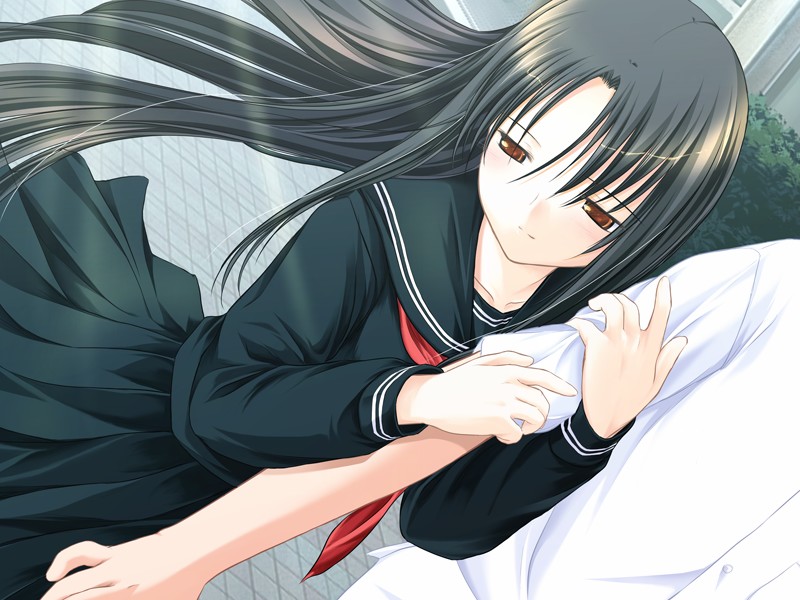 akikaze shirakumo, himemiya sakurako, ka no sora, game cg, 1girl, arm hug, black hair, brown eyes, dutch angle, long hair, school uniform, serafuku, solo focus