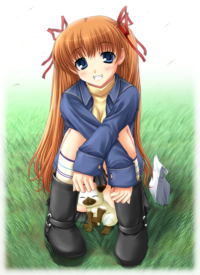 miyai sen, piro, sawatari makoto, kanon, blue eyes, cat, long hair, red hair, sitting, solo