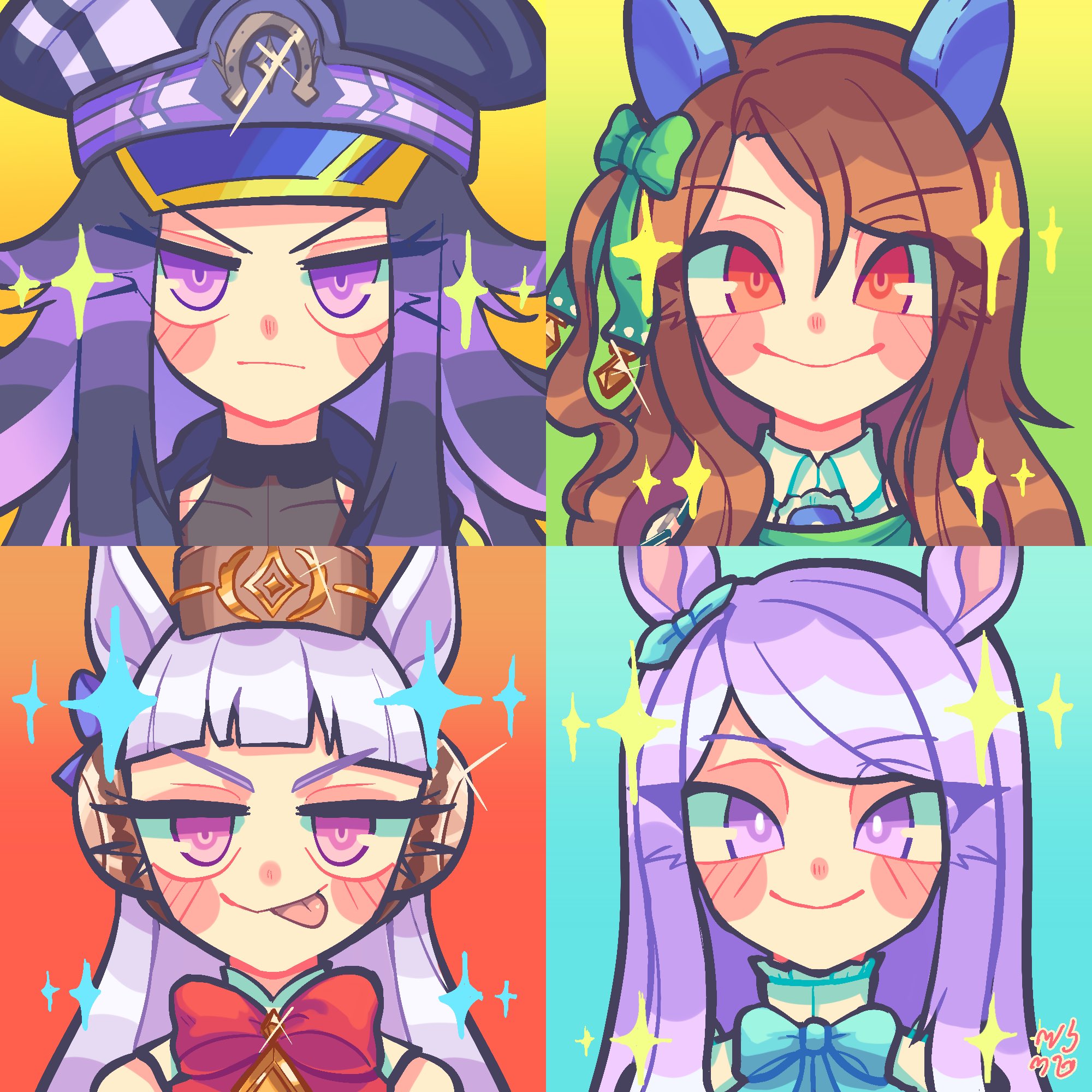 sunsunsweetie, fenomeno (black flames of the righteous spirit) (umamusume), fenomeno (umamusume), gold ship (red strife) (umamusume), gold ship (umamusume), king halo (king of emeralds) (umamusume), king halo (umamusume), mejiro mcqueen (frontline elegance) (umamusume), mejiro mcqueen (umamusume), umamusume, highres, 4girls, animal ears, aqua bow, aqua bowtie, aqua ribbon, black hair, black jacket, blunt bangs, blush, bow, bowtie, brown hair, closed mouth, dress, ear bow, ear covers, ear ribbon, green bow, green dress, grey hair, hat, horse ears, horse girl, horseshoe hat ornament, horseshoe ornament, jacket, long hair, looking at viewer, multicolored hair, multiple girls, peaked cap, pillbox hat, portrait, purple eyes, purple hair, red eyes, ribbon, smile, striped hat, tongue, tongue out