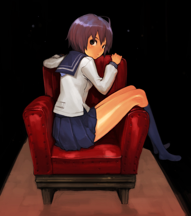 shiohara shin'ichi, armchair, chair, legs, school uniform, serafuku, short hair, sitting, skirt, socks, solo