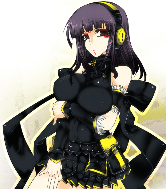 aoguu, hinazuki ririna, beatmania iidx, bemani, breast hold, breast suppress, breasts, headphones, large breasts, purple hair, red eyes, skirt, solo