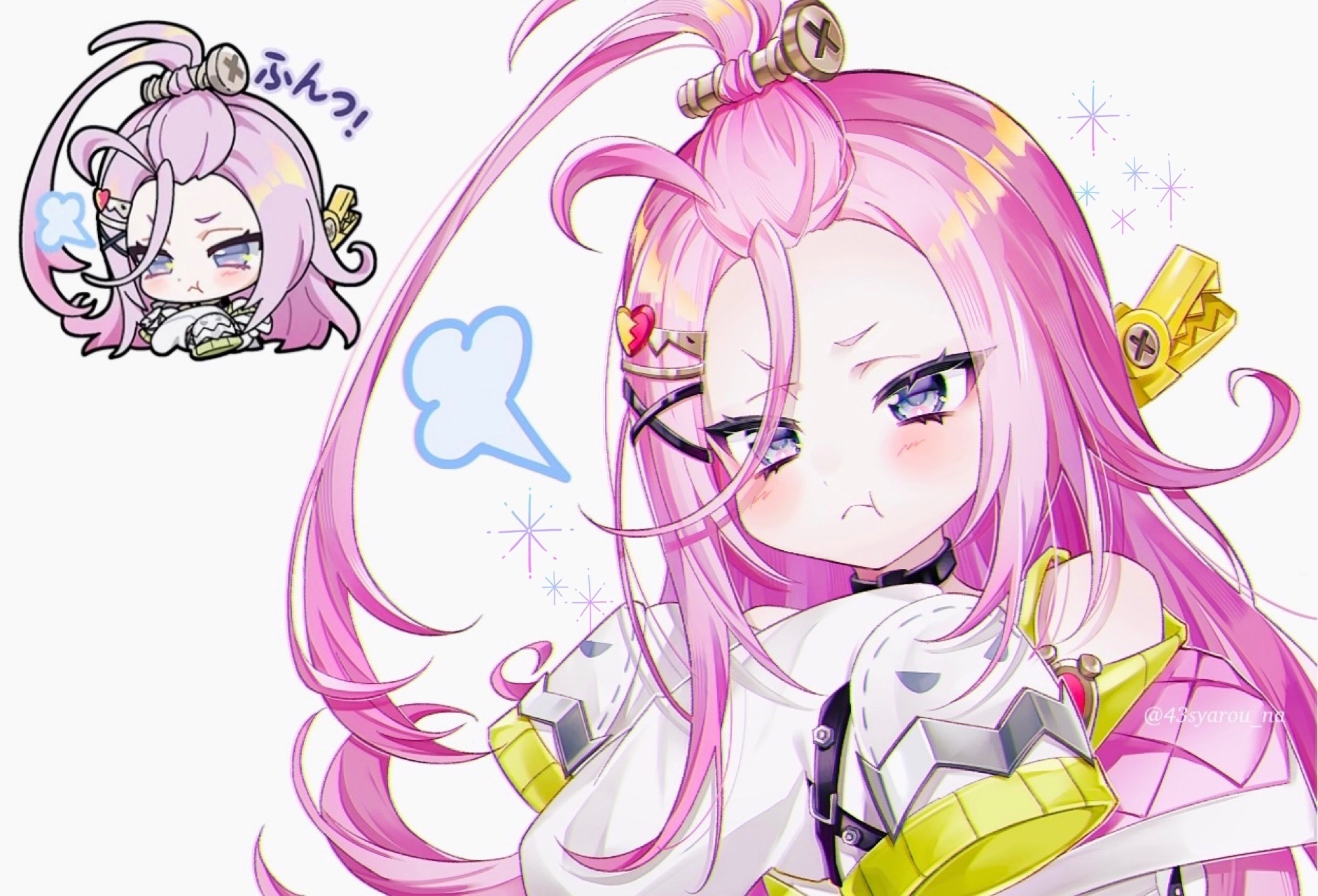 syarou, aino (genshin impact), genshin impact, commentary request, highres, 1girl, :t, bangs pinned back, black choker, blue eyes, blush, choker, closed mouth, genshin impact sticker redraw (meme), hair ornament, heart, heart hair ornament, long hair, long sleeves, meme, pink hair, pout, puff of air, screw hair ornament, simple background, sleeves past fingers, sleeves past wrists, solo, twitter username, upper body, very long sleeves, white background