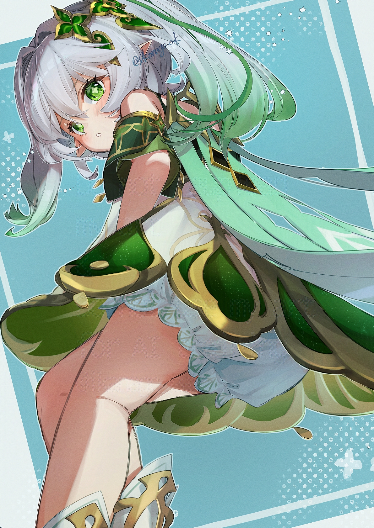 ikanago eak, nahida (genshin impact), genshin impact, commentary, highres, 1girl, :o, bare shoulders, bloomers, blue background, blush, detached sleeves, dress, from below, from side, gold trim, gradient hair, green eyes, green hair, green sleeves, hair between eyes, long hair, looking at viewer, looking down, looking to the side, multicolored hair, pointy ears, side ponytail, signature, sleeveless, sleeveless dress, solo, star-shaped pupils, star (symbol), symbol-shaped pupils, underwear, white bloomers, white dress, white hair