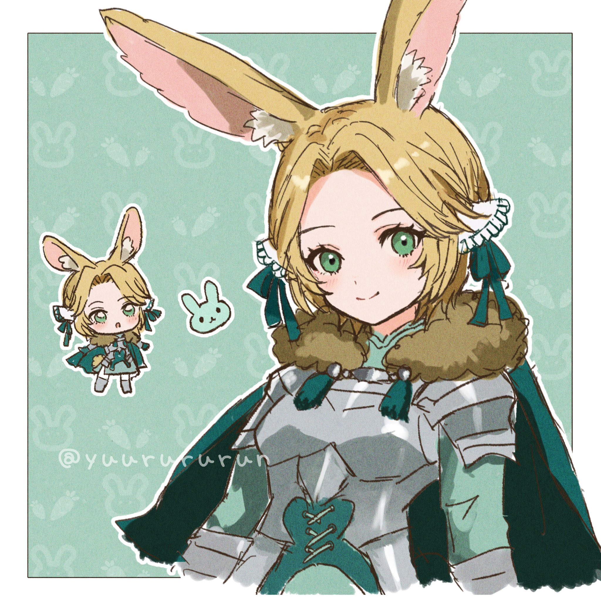 yuurururun, ingrid brandl galatea, ingrid brandl galatea (timeskip), fire emblem, fire emblem: three houses, nintendo, highres, 1girl, animal ears, aqua tunic, armor, blonde hair, blush, boobplate, breastplate, breasts, cape, chibi, closed mouth, fur-trimmed cape, fur trim, gloves, green cape, green eyes, green ribbon, hair ornament, hair ribbon, long sleeves, looking at viewer, open mouth, rabbit ears, ribbon, short hair, smile, tunic