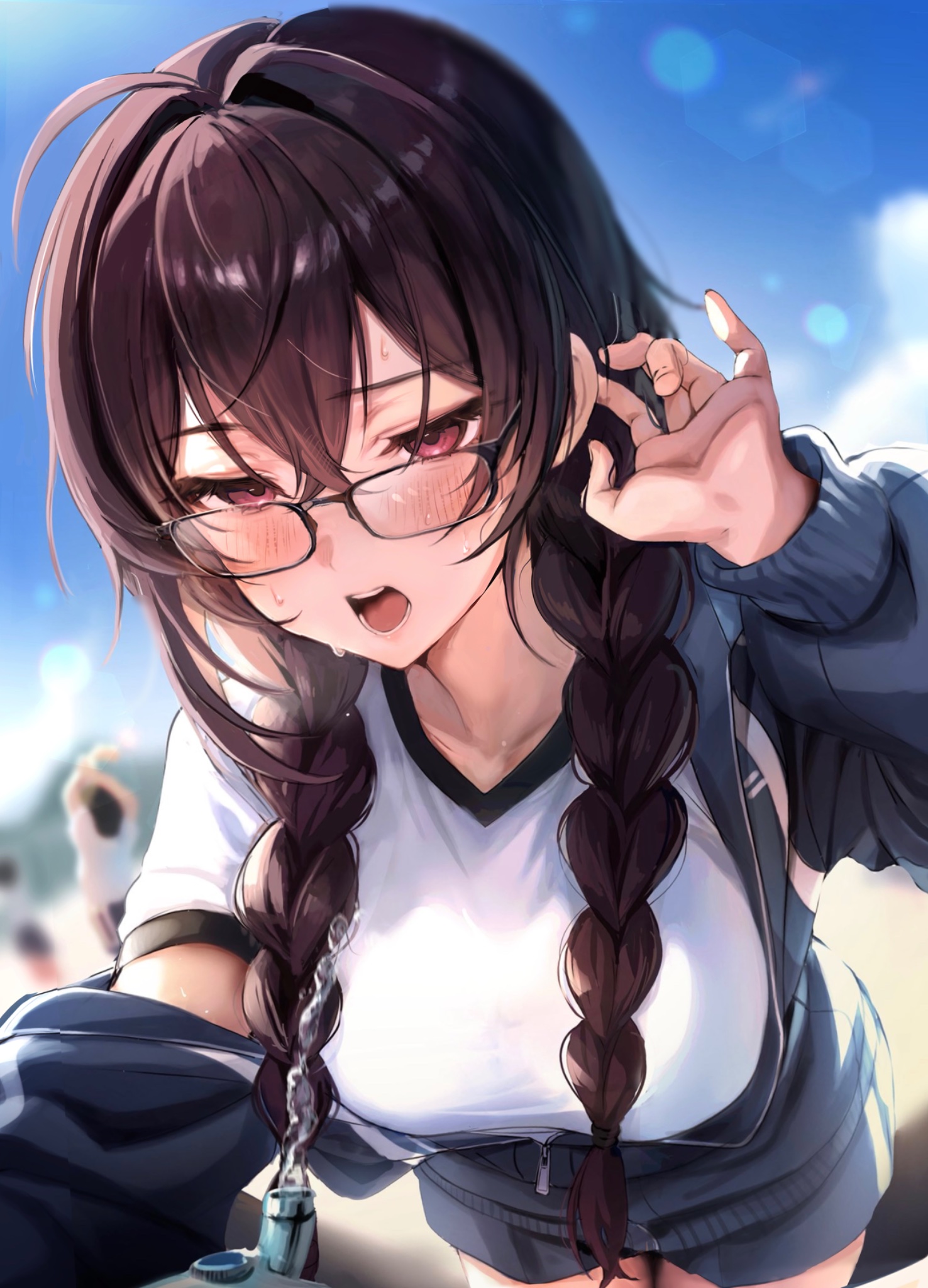 yufou, original, commentary request, highres, 1girl, ahoge, blue jacket, blue shorts, blurry, blurry background, blush, braid, breasts, brown eyes, glasses, gym shirt, gym uniform, jacket, large breasts, leaning forward, long hair, megane-chan (yufou), open mouth, outdoors, partially unzipped, pink eyes, shirt, shorts, sweat, track jacket, twin braids, white shirt