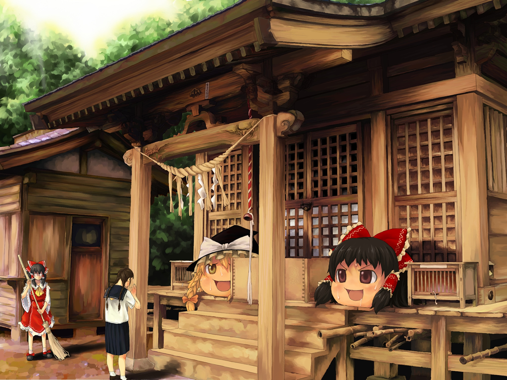 daizu (323449), daizu sanchi, hakurei reimu, kirisame marisa, touhou, + +, 2girls, blonde hair, broom, female focus, japanese clothes, miko, multiple girls, praying, rope, scenery, school uniform, serafuku, shide, shimenawa, shrine, shrine bell, sweat, yukkuri shiteitte ne
