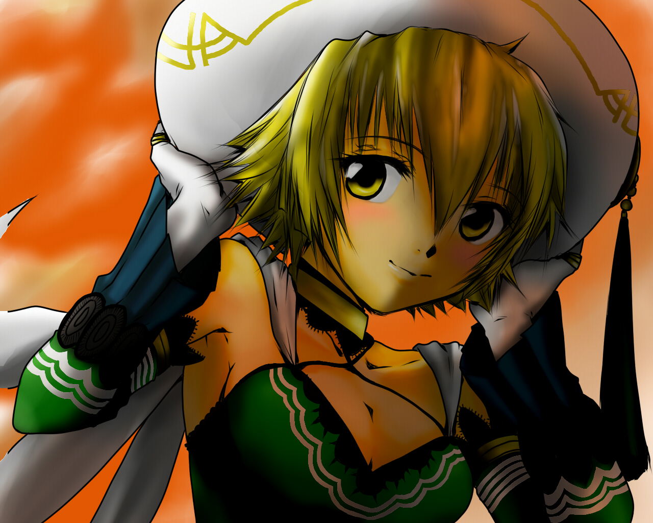 riku ran, atoli, atoli (.hack//), .hack//, .hack//g.u., .hack//games, bandai, cyber connect 2, bad id, bad pixiv id, 00s, 1girl, armpits, blonde hair, blush, breasts, choker, cleavage, close-up, detached sleeves, female focus, gloves, hat, large breasts, short hair, smile, solo, sunset