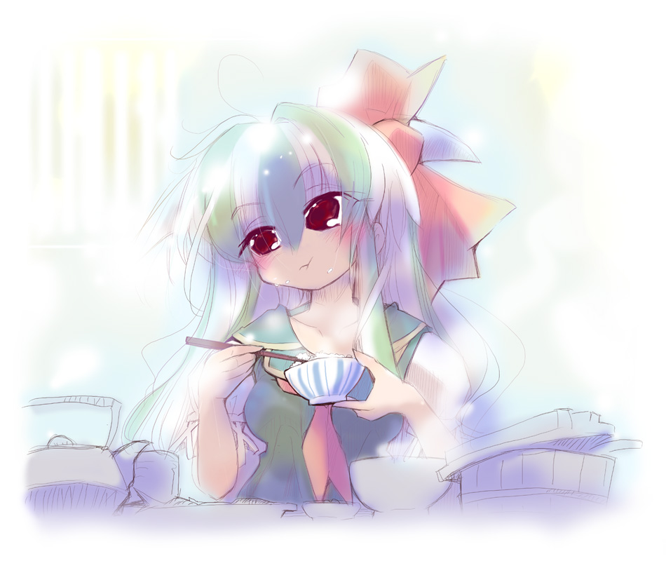 usoneko, ex-keine, kamishirasawa keine, touhou, bad id, bad pixiv id, 1girl, eating, female focus, gradient background, green hair, horns, long hair, ribbon, sitting, solo, upper body, white background