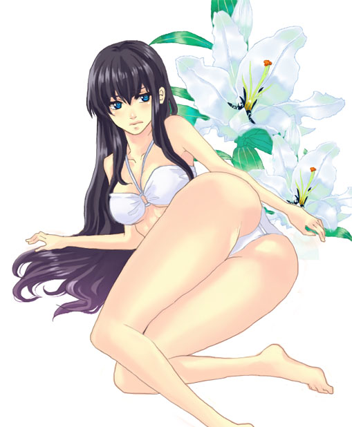 kafka, marina ismail, gundam, gundam 00, bad id, bad pixiv id, 00s, 1girl, ass, bandeau, barefoot, bikini, black hair, blue eyes, female focus, floral background, flower, halterneck, lily (flower), long hair, solo, swimsuit, white background, white bikini