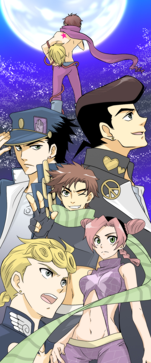 noritama (ibatan), noritama (pixiv94983), dio brando, giorno giovanna, higashikata josuke, jonathan joestar, joseph joestar, joseph joestar (young), kuujou jolyne, kuujou joutarou, battle tendency, diamond is not crash, jojo no kimyou na bouken, phantom blood, stardust crusaders, stone ocean, tengen toppa gurren lagann, vento aureo, bad id, bad pixiv id, highres, 1girl, 6+boys, back, bare shoulders, black hair, blonde hair, boots, braid, brown hair, chain, double bun, earrings, epic, family, father and son, fingerless gloves, full moon, gakuran, gloves, green eyes, grin, hair bun, hat, heart, holding, jewelry, midriff, moon, multicolored hair, multiple boys, navel, one eye closed, open mouth, pants, parody, pompadour, scarf, school uniform, serafuku, severed head, short hair, smile, star (symbol), striped clothes, striped scarf, teeth, tentacles, time paradox, v, wink