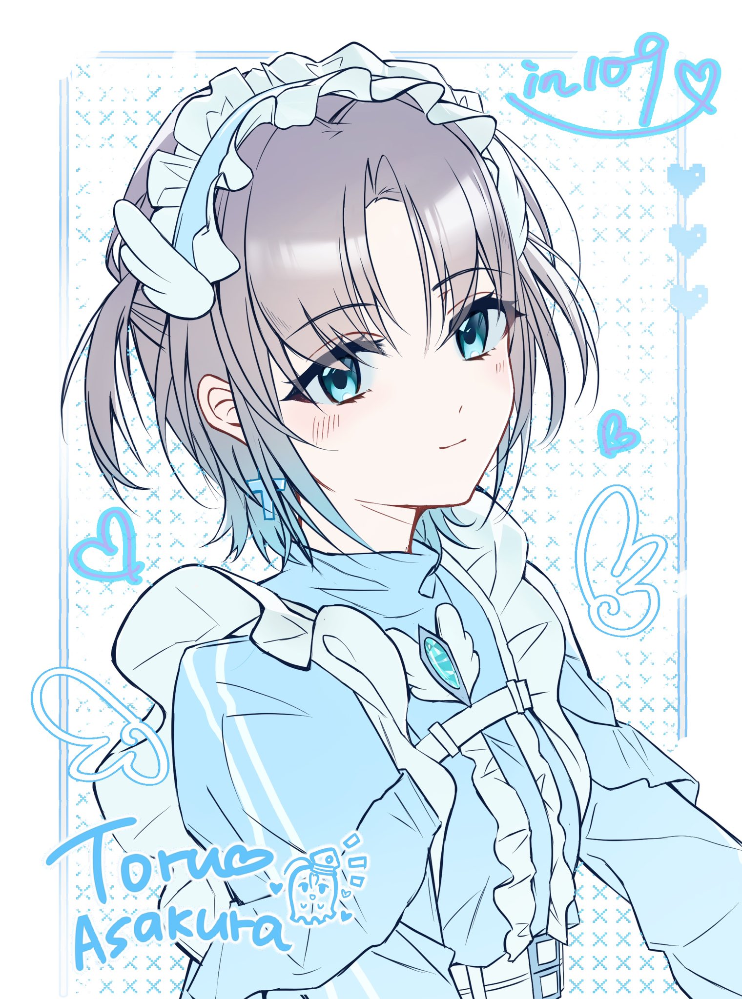 ushio0104, asakura toru, idolmaster, idolmaster shiny colors, commentary, hashtag-only commentary, highres, 1girl, artist name, blue eyes, blue hair, blue jacket, blush, character name, closed mouth, grey hair, jacket, jersey maid, maid, maid headdress, solo, unconventional maid, upper body