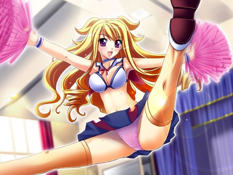 shindou mikeko, kimegasa kiyomi, cheer moe, non-web source, 1girl, blonde hair, breasts, cheerleader, cleavage, female focus, kneepits, long hair, panties, pantyshot, pom pom (cheerleading), purple eyes, solo, split, thighhighs, underwear, wristband