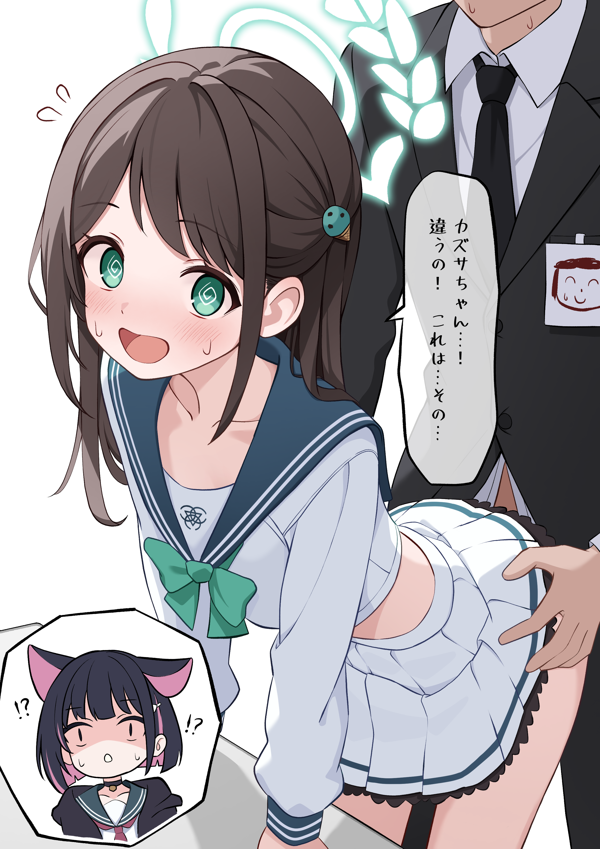 shijima (shijima tc), airi (blue archive), doodle sensei (blue archive), kazusa (blue archive), sensei (blue archive), blue archive, absurdres, commentary request, highres, paid reward available, translation request, 1boy, 2girls, @ @, animal ears, black hair, black jacket, blush, green eyes, green halo, halo, jacket, multiple girls, skirt, speech bubble, white skirt