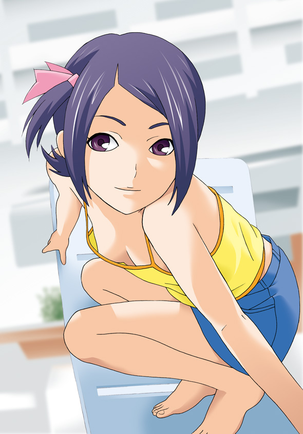 ranmaru, kaminogi haruka, noein, 00s, 1girl, barefoot, breasts, camisole, downblouse, female focus, hair ribbon, no bra, purple eyes, purple hair, ribbon, short hair, skirt, small breasts, solo, squatting