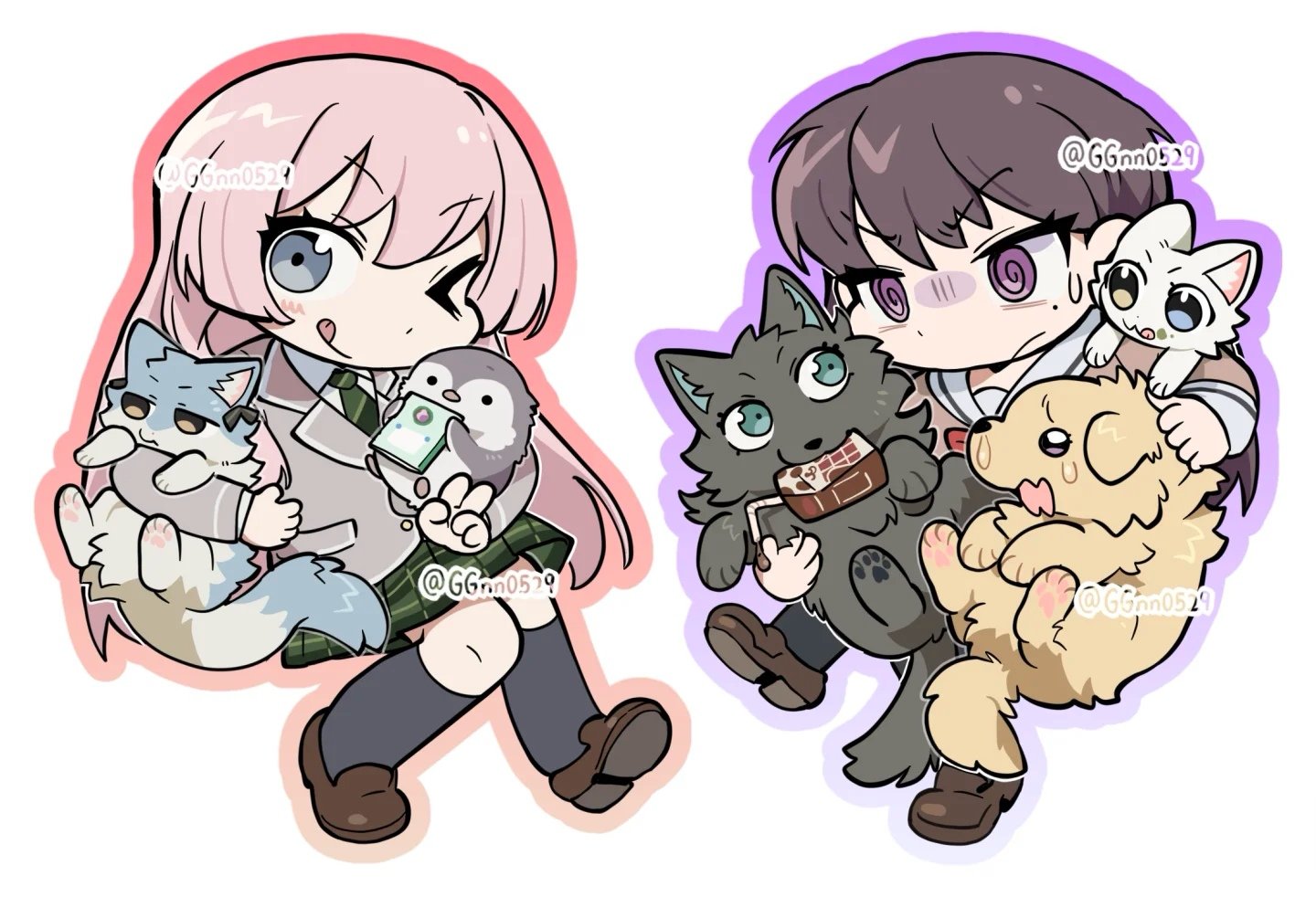 guagua977, kaname raana, misumi uika, shiina taki, takamatsu tomori, togawa sakiko, yahata umiri, bang dream!, bang dream! it's mygo!!!!!, > o, 2girls, animalization, bird, black hair, black socks, brown shoes, carton, cat, chibi, diagonal-striped clothes, diagonal-striped necktie, dog, green necktie, green skirt, grey eyes, grey jacket, hanasakigawa school uniform, haneoka school uniform, jacket, kneehighs, licking lips, long hair, long sleeves, looking at viewer, multiple girls, necktie, one eye closed, outline, penguin, pink hair, pink outline, plaid clothes, plaid skirt, pleated skirt, purple eyes, purple outline, raana the cat, school uniform, shoes, simple background, skirt, socks, striped clothes, tongue, tongue out, white background
