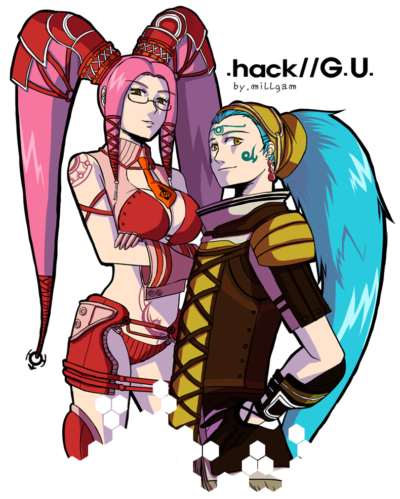 kuhn, millgam, kuhn (.hack//), pi (.hack//), .hack//, .hack//g.u., .hack//games, bandai, cyber connect 2, 00s, 1boy, 1girl, bare shoulders, blue hair, breasts, brown eyes, cleavage, earrings, facial mark, forehead mark, glasses, jewelry, large breasts, midriff, necktie, pink hair, revealing clothes, smile, tattoo, twintails, yellow eyes