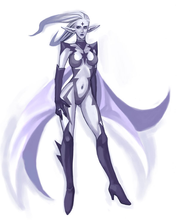 kareji, shiva (final fantasy), final fantasy, final fantasy xi, 00s, 1girl, bare shoulders, blue eyes, blue hair, blue lips, blue skin, breasts, colored skin, contrapposto, elbow gloves, female focus, full body, gloves, high heels, long hair, looking at viewer, matching hair/eyes, midriff, navel, pointy ears, revealing clothes, shoes, simple background, solo, standing, stomach, white background