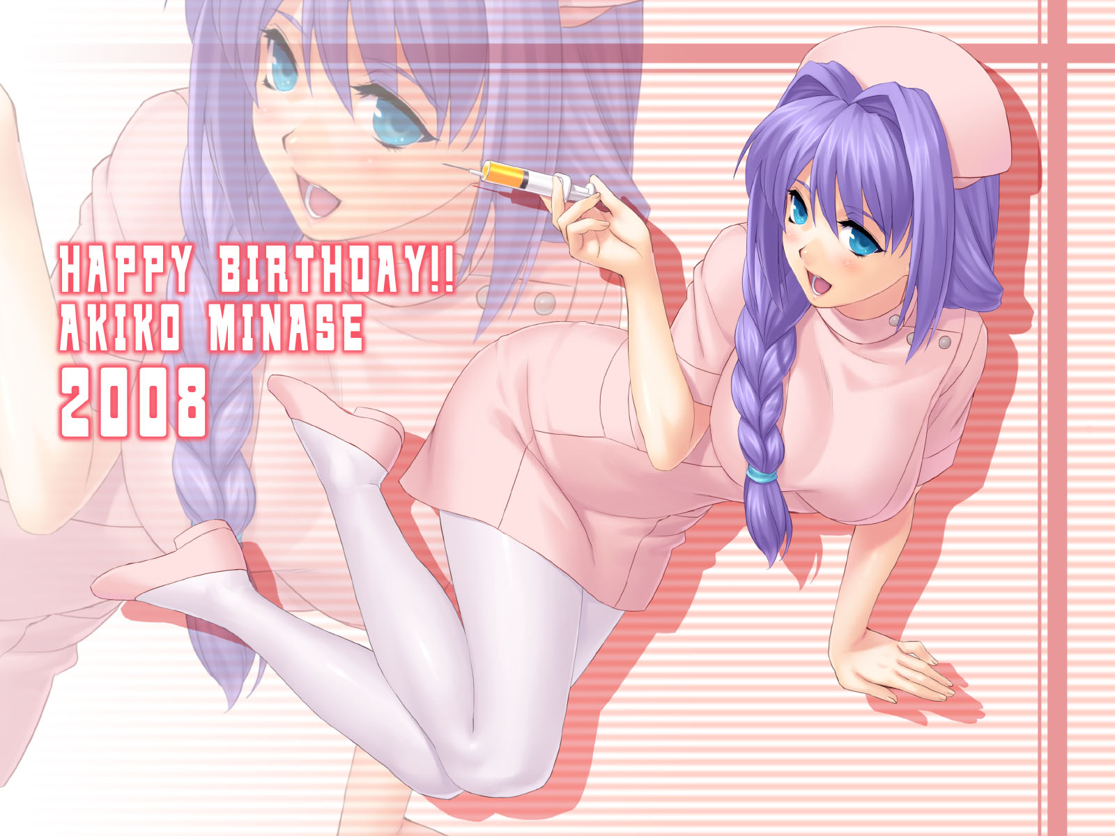 zen, minase akiko, kanon, highres, 1girl, blue eyes, braid, breasts, female focus, hair intakes, large breasts, long hair, nurse, pantyhose, purple hair, solo, syringe, white pantyhose, zoom layer