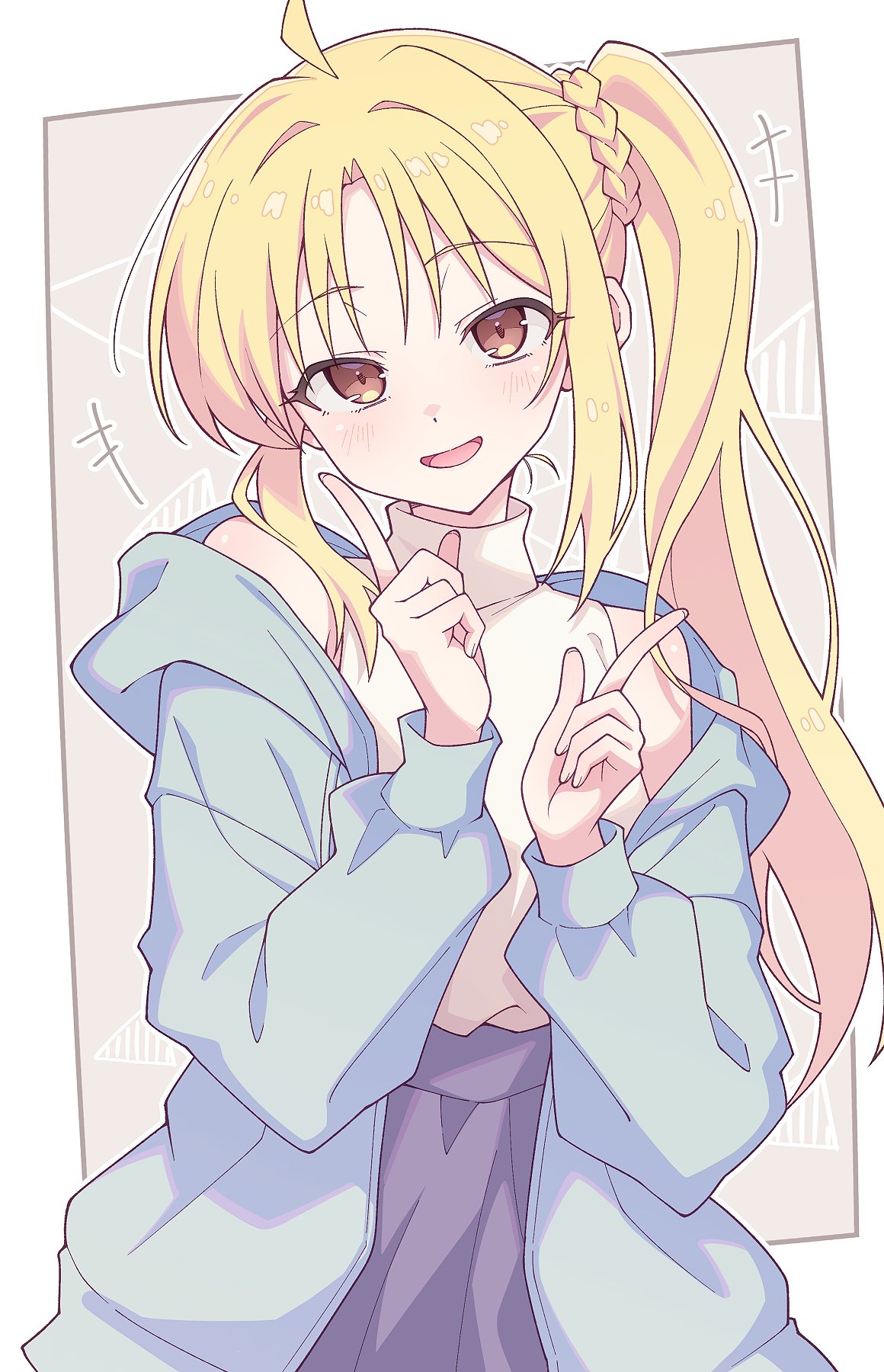 e20, ijichi nijika, bocchi the rock!, commentary, highres, 1girl, ahoge, blonde hair, blue jacket, blue skirt, blush, breasts, brown eyes, hands up, hood, hood down, hooded jacket, indoors, jacket, long hair, open clothes, open jacket, open mouth, side ponytail, skirt, sleeveless, sleeveless sweater, solo, sweater, white sweater