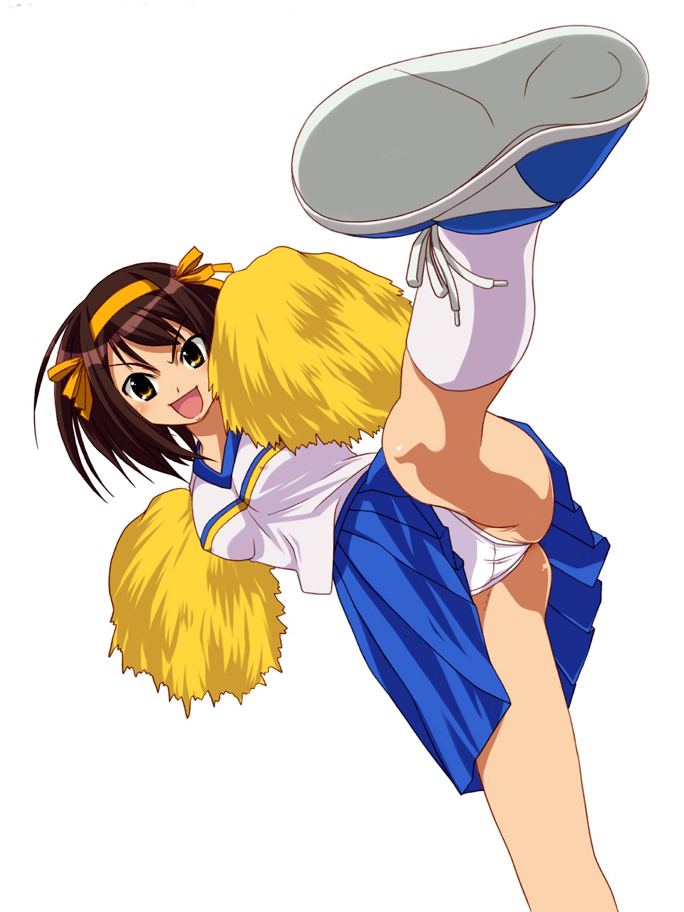 suzumiya haruhi, suzumiya haruhi no yuuutsu, highres, non-web source, 00s, 1girl, breasts, brown hair, cheerleader, covered erect nipples, female focus, hairband, medium breasts, no bra, panties, pantyshot, pom pom (cheerleading), short hair, skirt, socks, solo, underwear, upskirt, yellow eyes