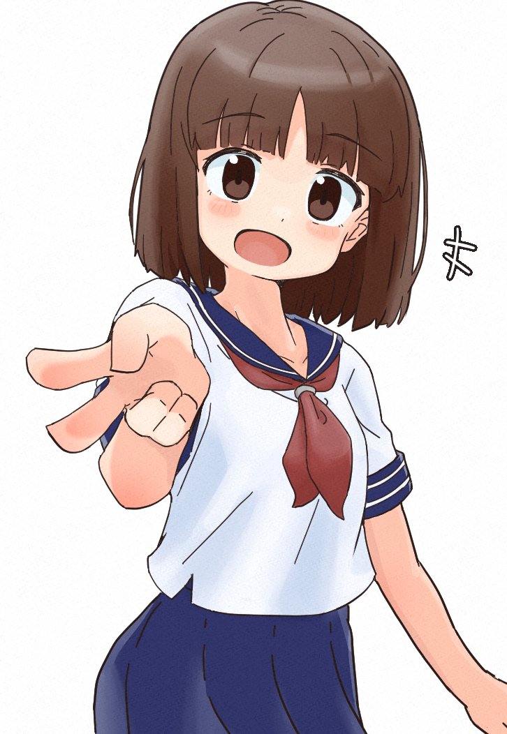 sagami sagari, data east, 1girl, :d, acchi muite hoi, blue sailor collar, blue skirt, blunt bangs, blush, brown eyes, brown hair, gradient background, janken game acchi muite hoi!, looking at viewer, neckerchief, open mouth, pleated skirt, rock paper scissors, sailor collar, school uniform, serafuku, shirt, short hair, short sleeves, skirt, smile, solo, tomomi (janken game acchi muite hoi!), v, watanabe akio (style), white background, white shirt
