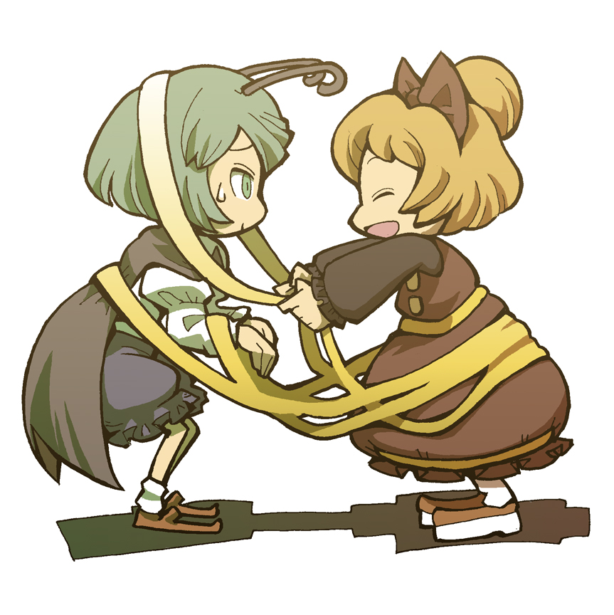 hounori, kurodani yamame, wriggle nightbug, touhou, 2girls, antennae, blonde hair, bow, cape, chibi, female focus, green eyes, green hair, hair bow, multiple girls, open mouth, sweatdrop