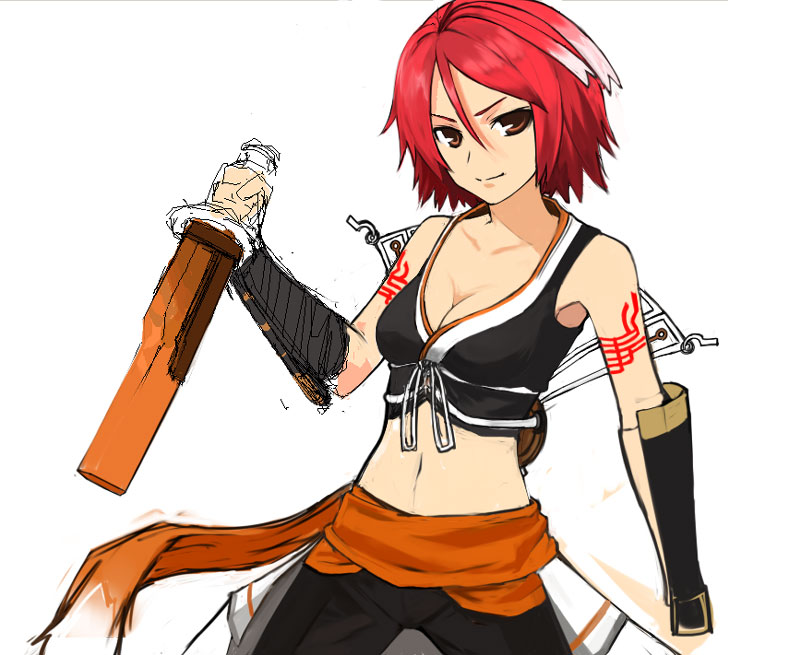 alkaid (.hack//), .hack//, .hack//g.u., .hack//games, bandai, cyber connect 2, 00s, 1girl, armpits, breasts, cleavage, crop top, female focus, midriff, multicolored hair, orange eyes, red hair, sheath, short hair, smile, solo, sword, tattoo, two-tone hair, weapon, white hair