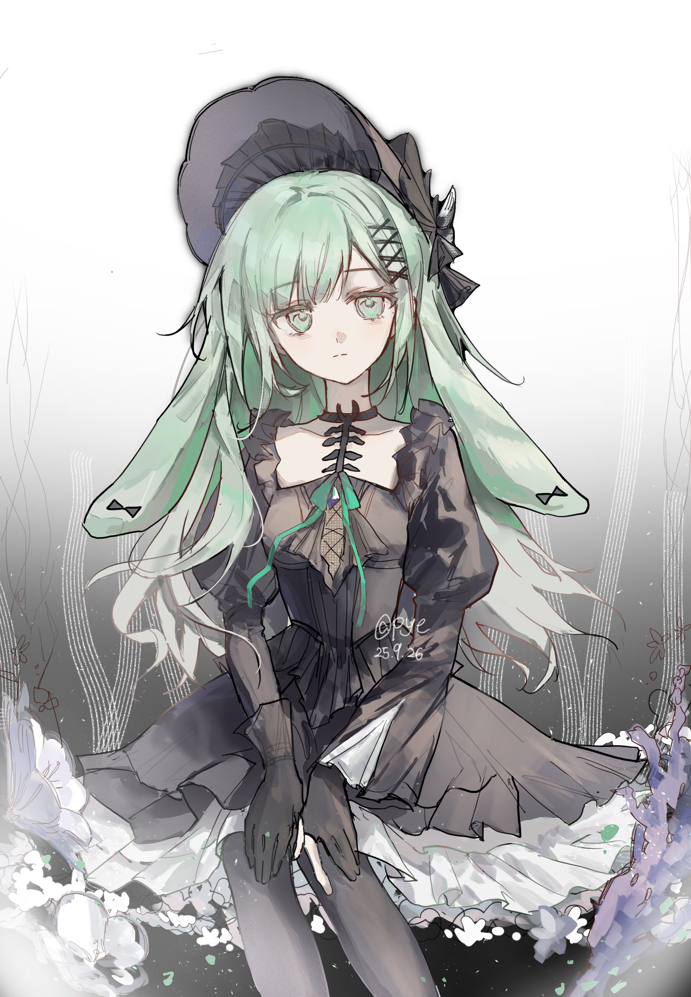 pye yyy, wakaba mutsumi, wakaba mutsumi (marionette's id), arknights, bang dream!, bang dream! it's mygo!!!!!, absurdres, commentary, highres, 1girl, animal ears, black bonnet, black dress, black gloves, black pantyhose, bonnet, closed mouth, dress, flower, gloves, green eyes, green hair, hair ornament, juliet sleeves, long hair, long sleeves, looking at viewer, pantyhose, puffy sleeves, rabbit ears, rabbit girl, sitting, solo, x hair ornament