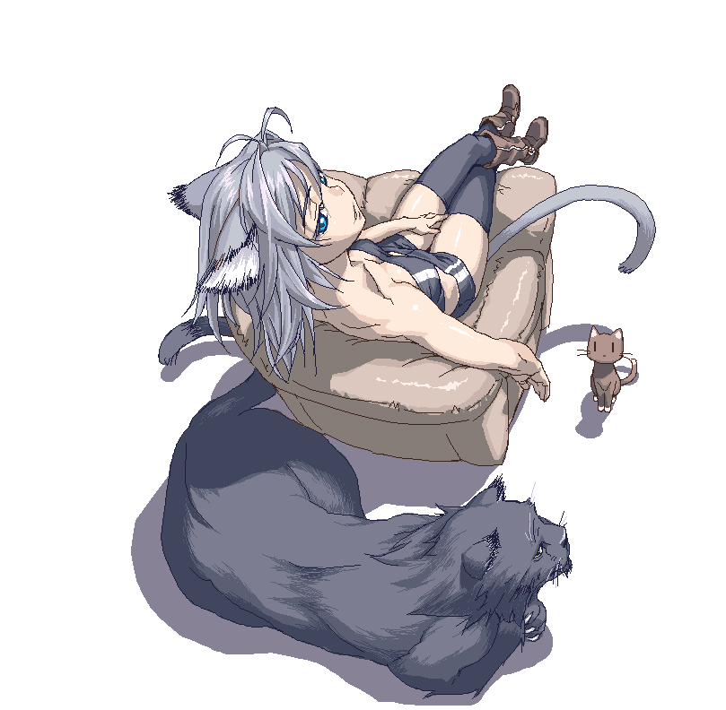 212 (kisaragi), black panther, original, silver hair, bad id, bad pixiv id, 1girl, animal, animal ears, bare shoulders, blue eyes, boots, breasts, bustier, cat, cat ears, cat tail, cleavage, collarbone, crossed legs, female focus, from above, looking back, oekaki, panther, short hair, shorts, sitting, solo, tail, thighhighs