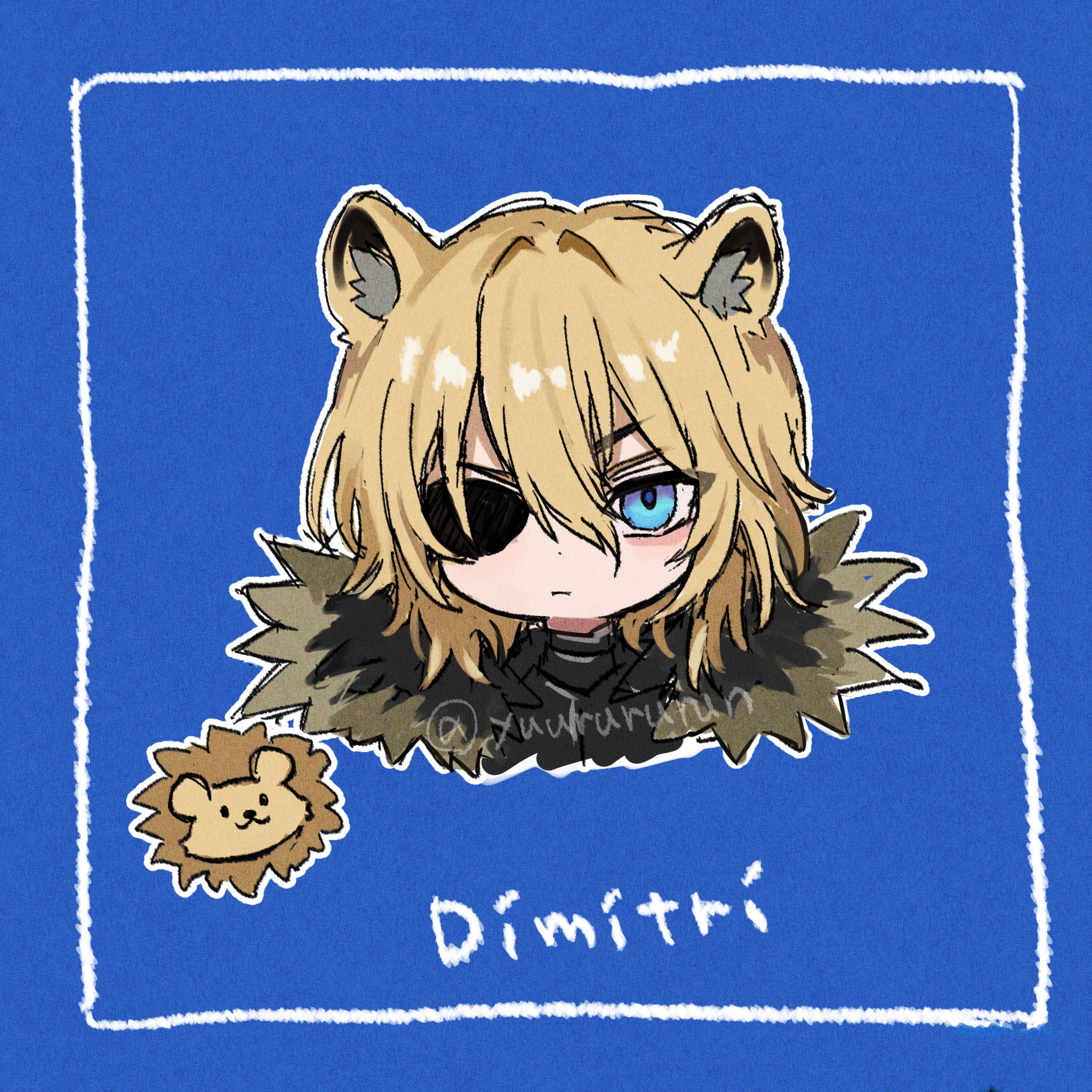 yuurururun, dimitri alexandre blaiddyd, dimitri alexandre blaiddyd (timeskip), fire emblem, fire emblem: three houses, fire emblem shadows, nintendo, highres, 1boy, animal ears, blonde hair, blue eyes, cape, closed mouth, dimitri alexandre blaiddyd (blue lion), dimitri alexandre blaiddyd (shadows), eyepatch, fur-trimmed cape, fur trim, kemonomimi mode, lion, lion boy, lion ears, looking at viewer, male focus, simple background, upper body