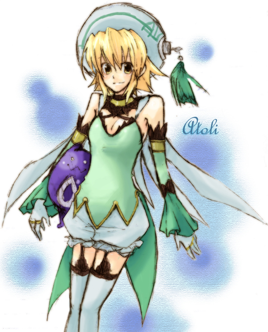 atoli, atoli (.hack//), .hack//, .hack//g.u., .hack//games, bandai, cyber connect 2, 00s, 1girl, blonde hair, bloomers, breasts, cleavage, detached sleeves, female focus, garter straps, gloves, hat, short hair, smile, solo, thighhighs, underwear, white bloomers, white thighhighs, yellow eyes, zettai ryouiki