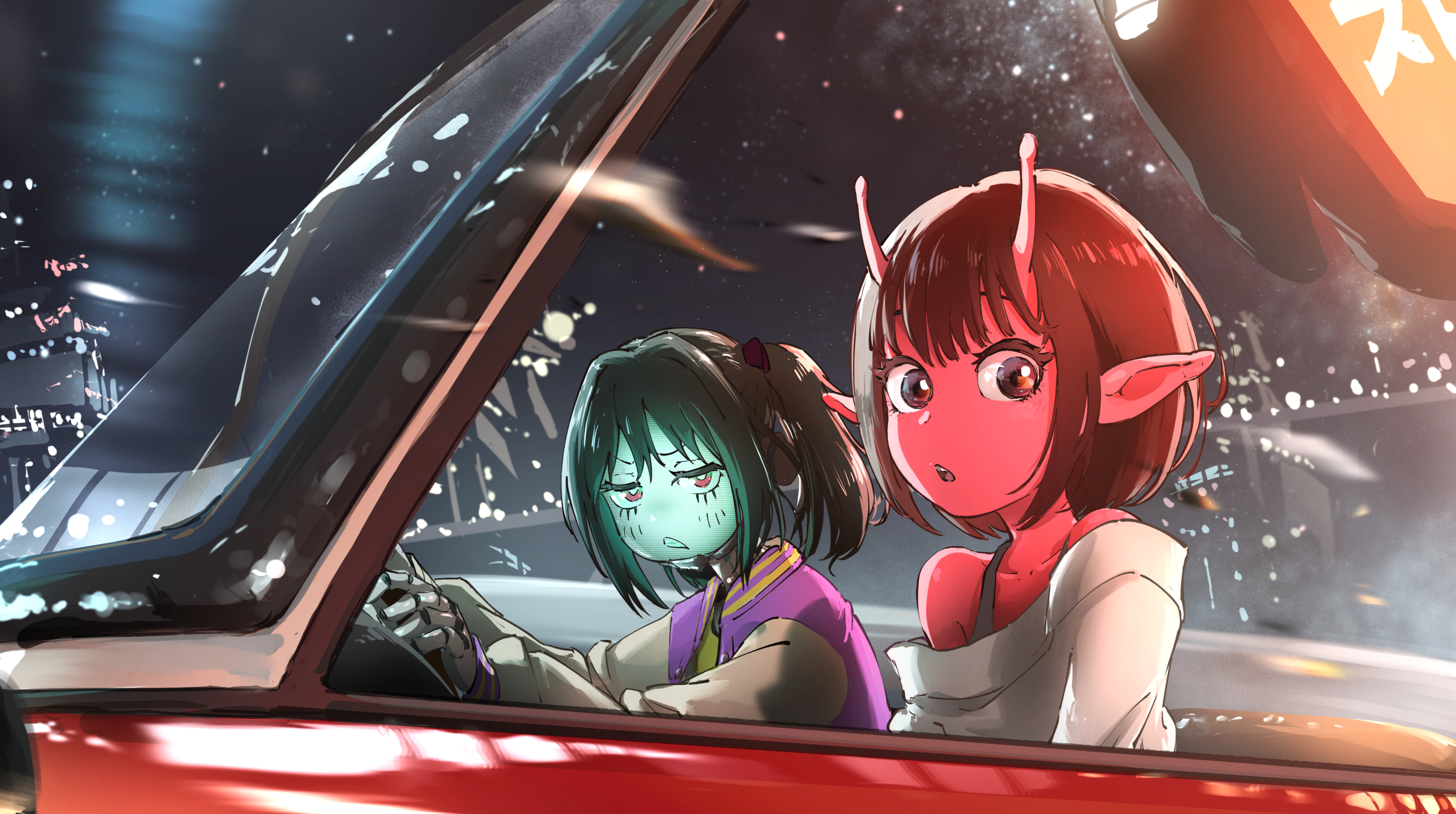 ninjin ika, kujo chiharu, kurusu makina (milky galactic universe), milky galactic universe, milky highway, highres, 2girls, alien, antennae, bare shoulders, black hair, blunt bangs, brown hair, collarbone, colored skin, cyborg, driving, gradient eyes, green eyes, green screen, jacket, letterman jacket, long pointy ears, looking at viewer, mechanical hands, medium hair, multicolored eyes, multiple girls, off shoulder, open mouth, pink eyes, pink skin, pointy ears, purple jacket, science fiction, short hair, sweater, teeth, twintails, upper teeth only, white sleeves, white sweater, windshield