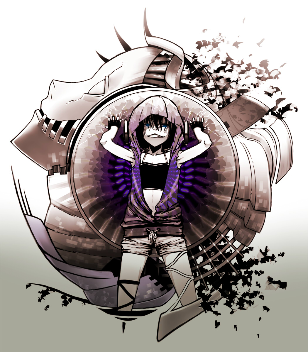 kahadu (kawazu), original, bad id, bad pixiv id, highres, black hair, blue eyes, fingerless gloves, gloves, hood, hoodie, solo