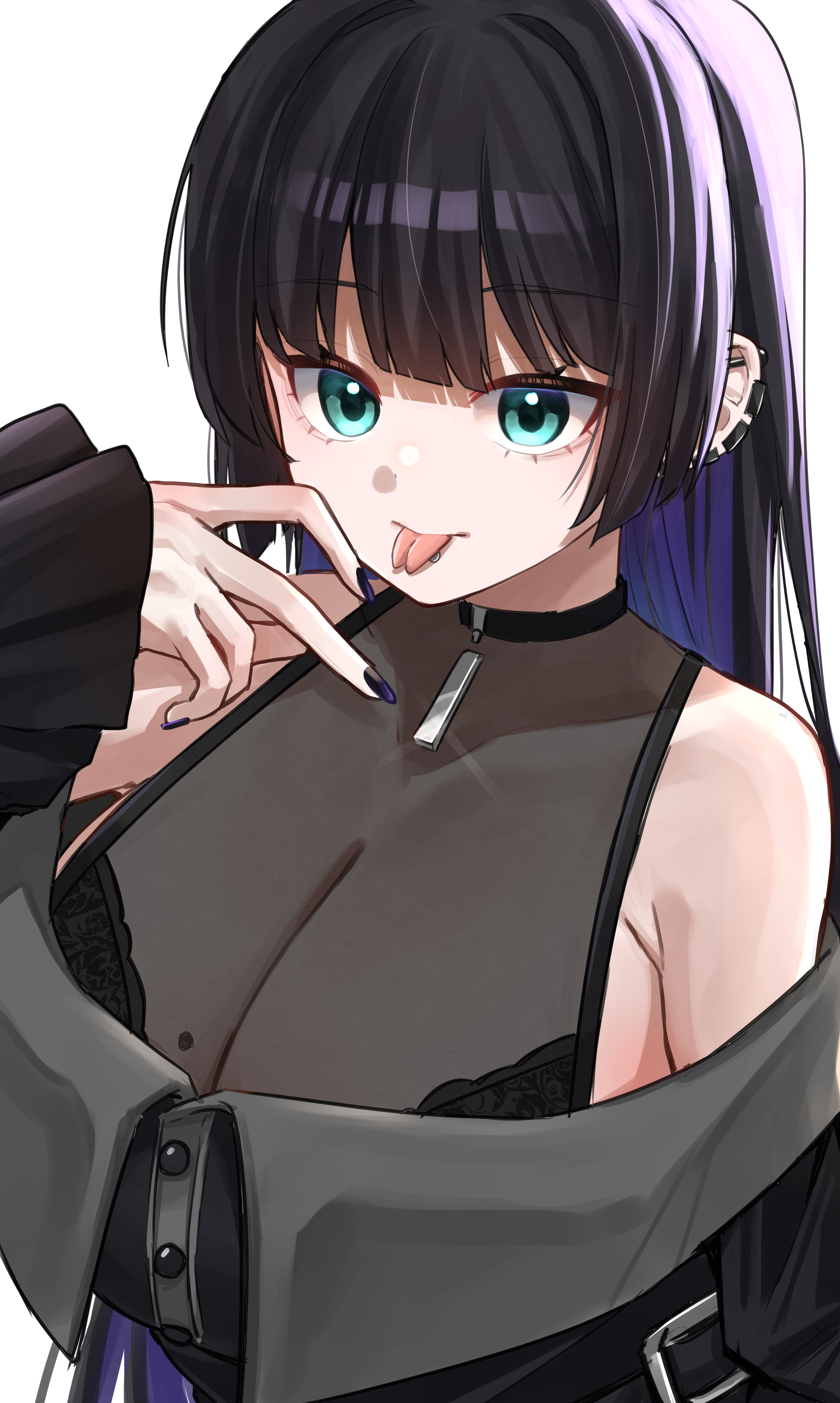 yozakurayuyu, pa-san, bocchi the rock!, absurdres, commentary, highres, 1girl, barbell piercing, black hair, black nails, blue eyes, blue hair, blue nails, breasts, cleavage, colored inner hair, ear piercing, earclip, face piercing, forked tongue, gradient nails, industrial piercing, labret piercing, large breasts, long hair, looking at viewer, mole, mole on breast, multicolored hair, nail polish, piercing, solo, tongue, tongue out, upper body