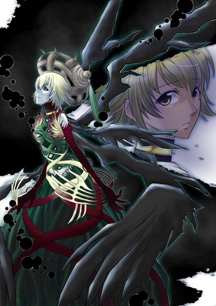 atoli, atoli (.hack//), .hack//, .hack//g.u., .hack//games, bandai, cyber connect 2, 00s, 1girl, black sclera, blonde hair, claws, colored sclera, dark persona, dual persona, hat, pale skin, short hair, turtleneck, wings, yellow eyes