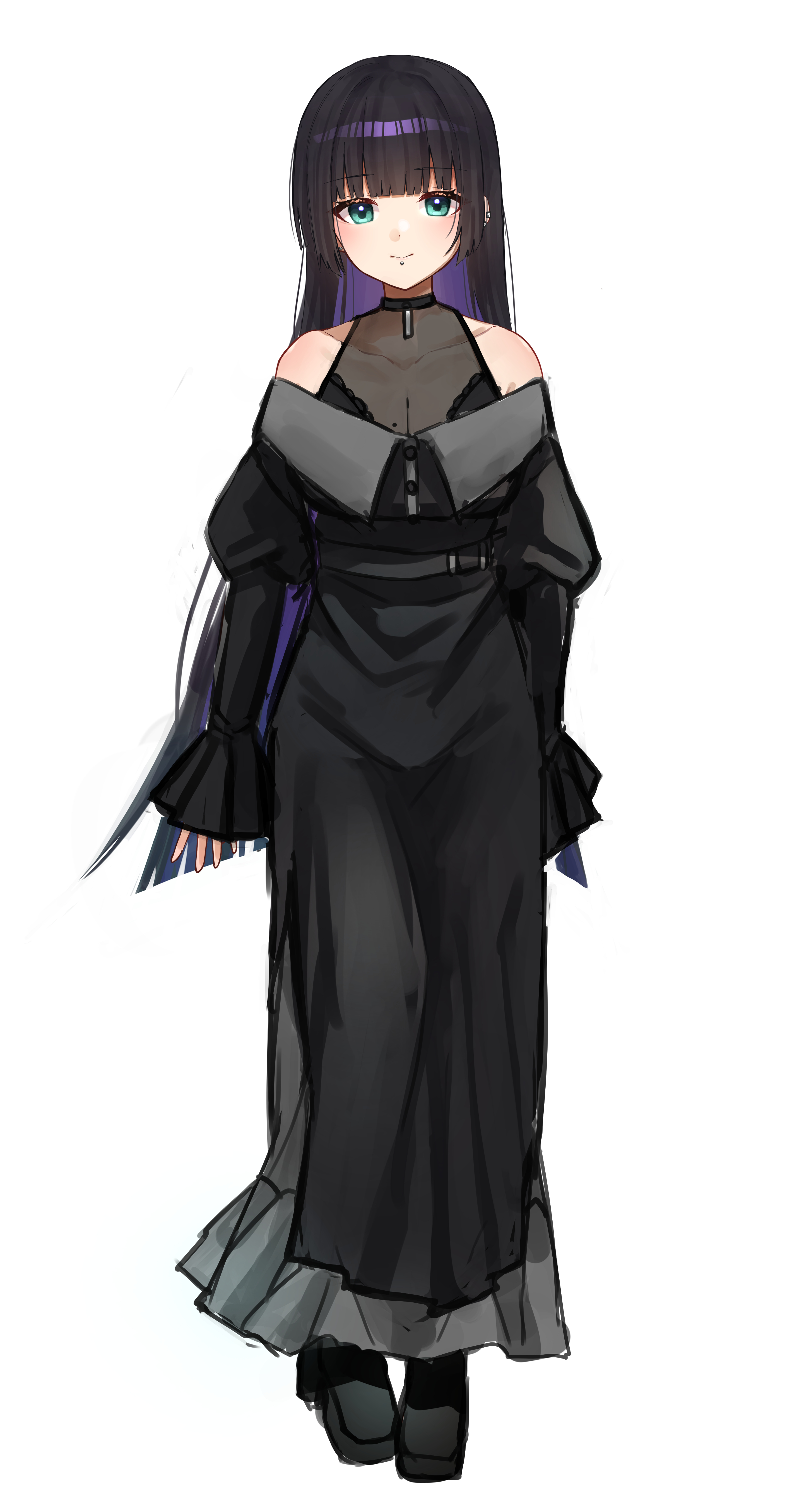 yozakurayuyu, pa-san, bocchi the rock!, absurdres, commentary, highres, 1girl, black dress, black hair, blue eyes, breasts, cleavage, closed mouth, colored inner hair, dress, face piercing, full body, labret piercing, long hair, looking at viewer, mole, mole on breast, multicolored hair, off-shoulder dress, off shoulder, piercing, purple hair, simple background, sleeves past wrists, white background
