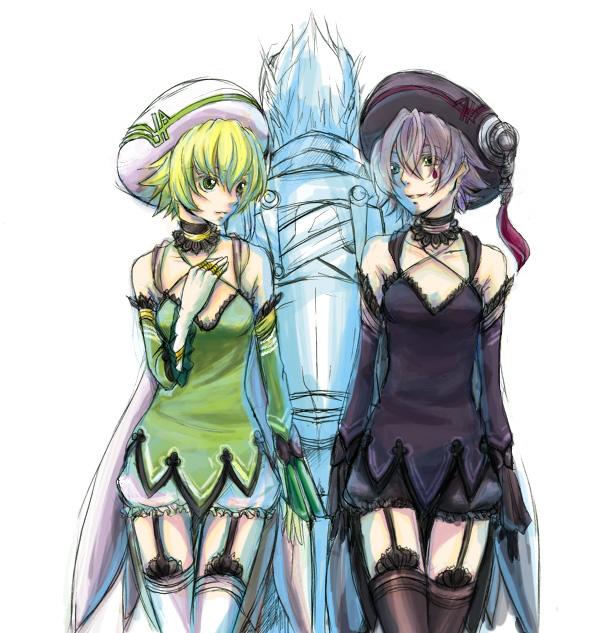 nizimu, atoli, haseo, haseo (.hack//), shino (.hack//), shino (.hack//g.u.), .hack//, .hack//g.u., .hack//games, .hack//roots, bandai, cyber connect 2, 00s, 1boy, 2girls, black thighhighs, blonde hair, choker, detached sleeves, facial mark, garter straps, gloves, green eyes, grey hair, hat, multiple girls, short hair, smile, thighhighs, white thighhighs, zettai ryouiki