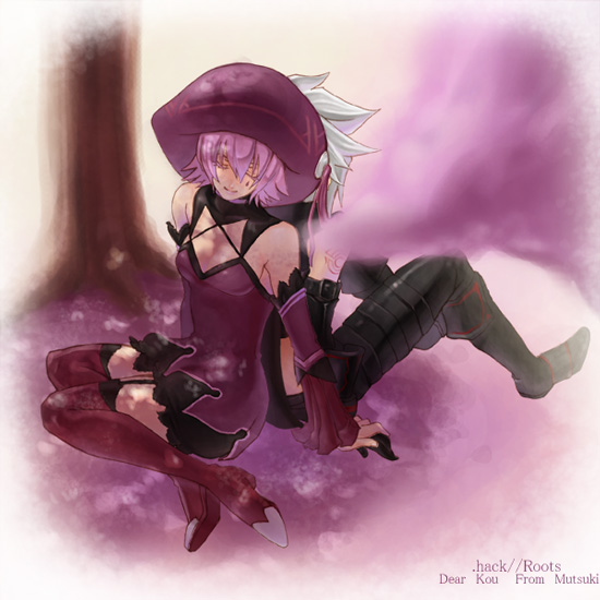 haseo, haseo (.hack//), shino (.hack//), shino (.hack//g.u.), .hack//, .hack//g.u., .hack//games, .hack//roots, bandai, cyber connect 2, 00s, 1boy, 1girl, bare shoulders, choker, closed eyes, couple, detached sleeves, hat, hetero, high heels, holding hands, pink hair, shoes, short hair, shorts, sitting, smile, thighhighs, white hair