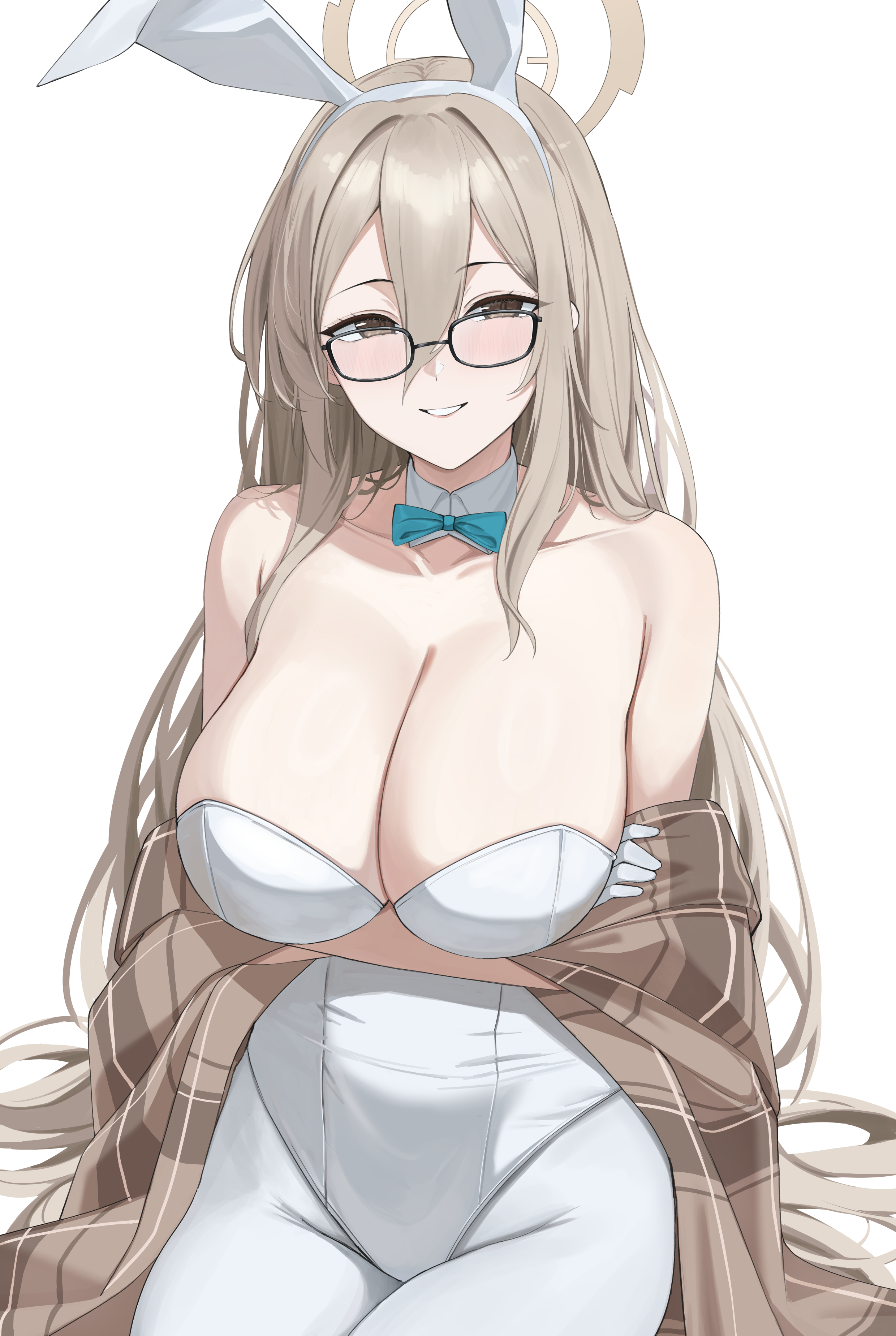 ref (pmxt4483), akane (blue archive), akane (bunny) (blue archive), blue archive, absurdres, highres, 1girl, arm under breasts, bare shoulders, blush, brown eyes, brown hair, brown shawl, crossed arms, glasses, hair between eyes, hairband, halo, leotard, long hair, looking at viewer, official alternate costume, pantyhose, parted lips, plaid clothes, plaid shawl, playboy bunny, shawl, sitting, smile, solo, strapless, strapless leotard, white hairband, white leotard, white pantyhose, wrist cuffs, yellow halo