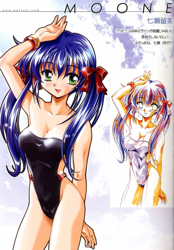 watsuki ayamo, nanase rumi, one – kagayaku kisetsu e, non-web source, 00s, blue hair, green eyes, highleg, highleg one-piece swimsuit, long hair, one-piece swimsuit, outline, swimsuit, twintails
