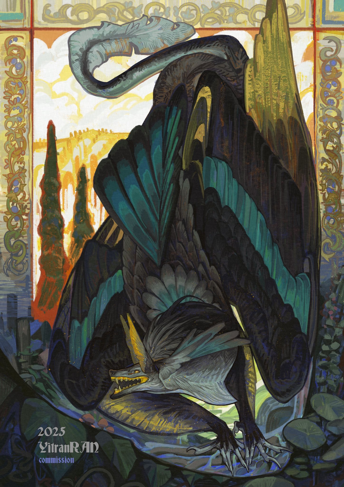 ran (yitanran), original, highres, artist name, bird wings, border, claws, feathered wings, full body, lily pad, monster, monster focus, no humans, open mouth, ornate border, solo, tail, wings, yellow eyes