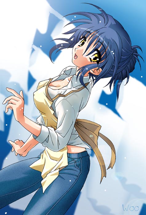 sagara misae, clannad, 00s, 1girl, apron, blue hair, breasts, cleavage, covered erect nipples, denim, female focus, jeans, medium breasts, pants, sleeves rolled up, solo, yellow eyes