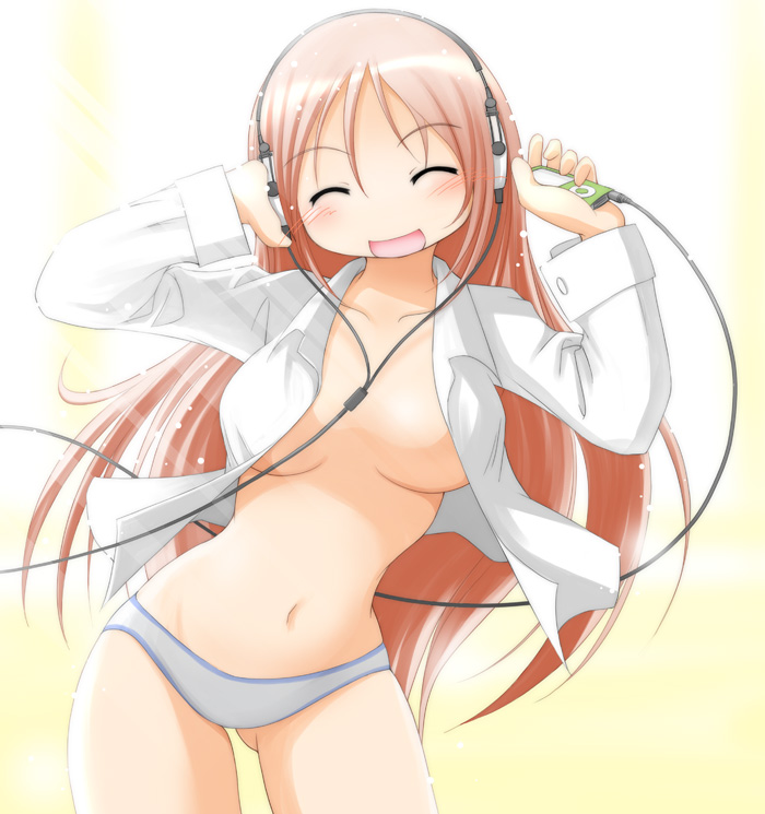 earth ekami, original, 1girl, blush, breasts, cleavage, digital media player, female focus, headphones, ipod, ipod nano, ipod nano 4g, large breasts, long hair, navel, no bra, open clothes, open shirt, panties, pink hair, shirt, smile, solo, underwear, white panties, white shirt